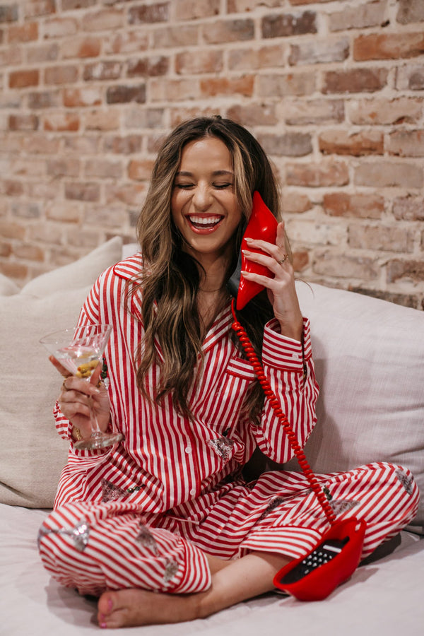 Stay Chic and Cozy: Striped PJ Set with Sequin Martini Accents, Perfect for Lounge Nights - Shop Now!