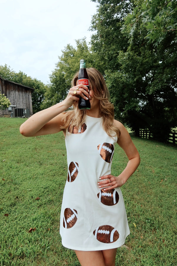 white dress with sequin footballs PE Sequin Football Button Down Dress Miss Cocky